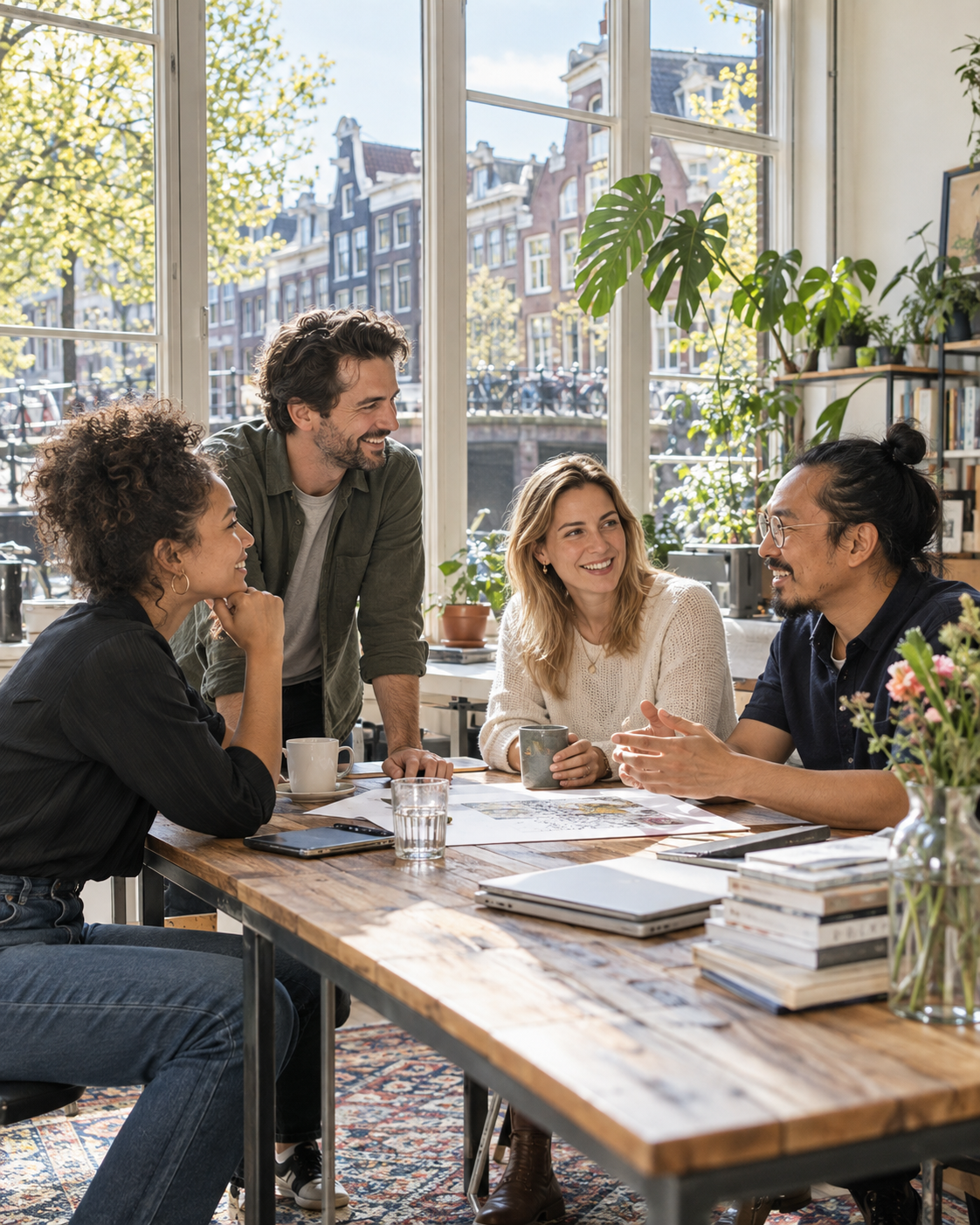 Vier professionals in gesprek in een zonnige Nederlandse werkruimte