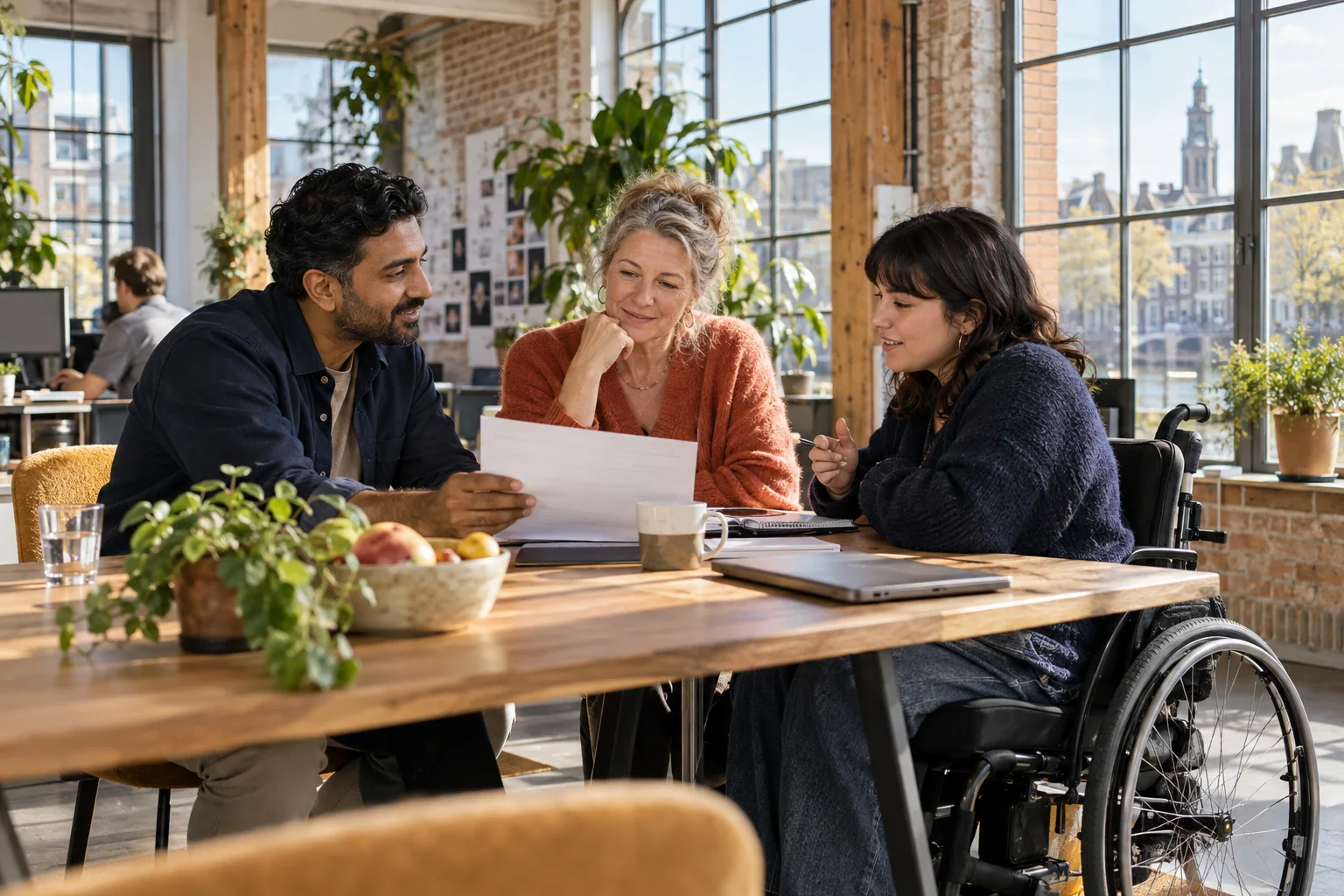 Collega's bespreken samen de groei van hun organisatie in een lichte werkruimte
